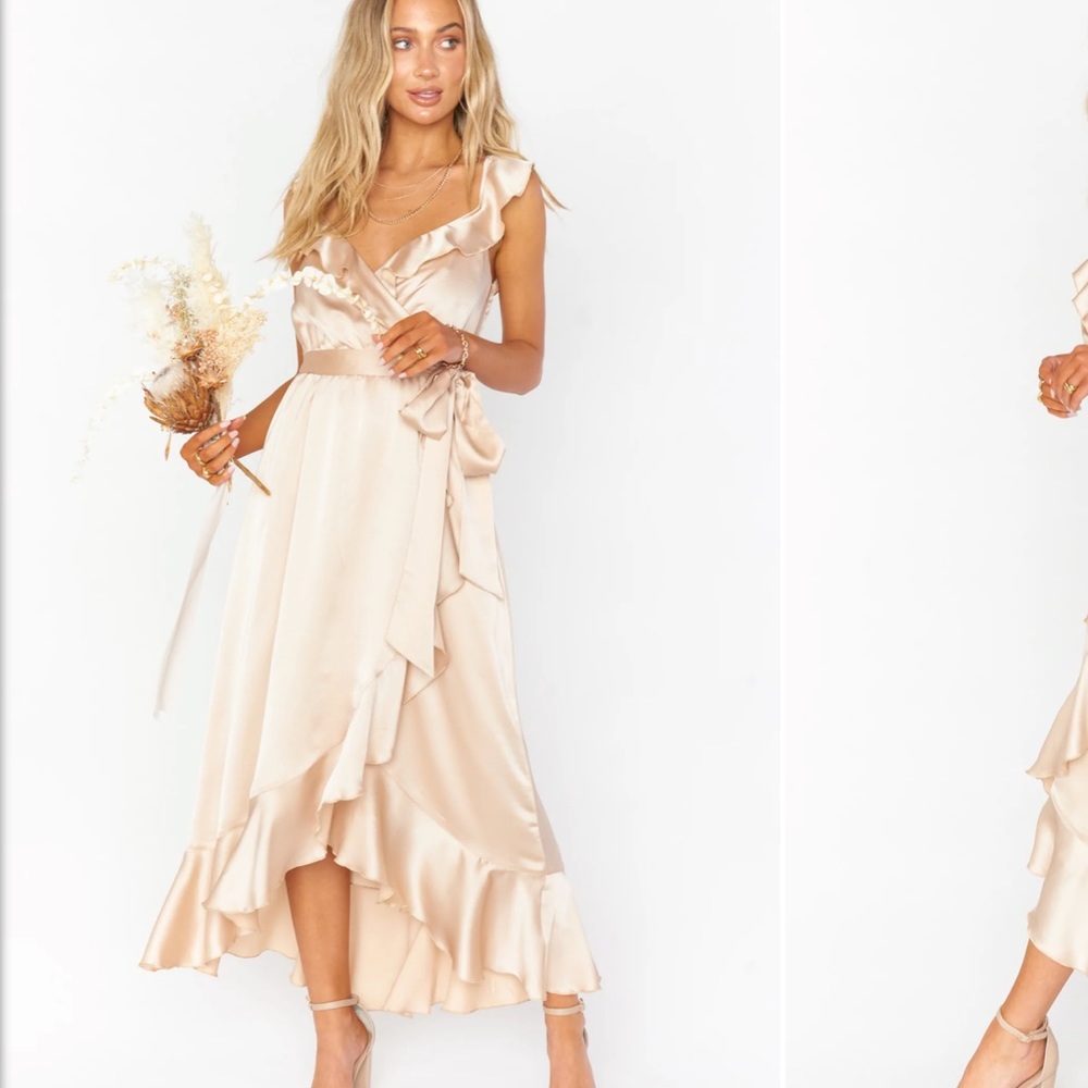 Show me your mumu Samantha dress. Champagne color. Size Medium. Missing sash.